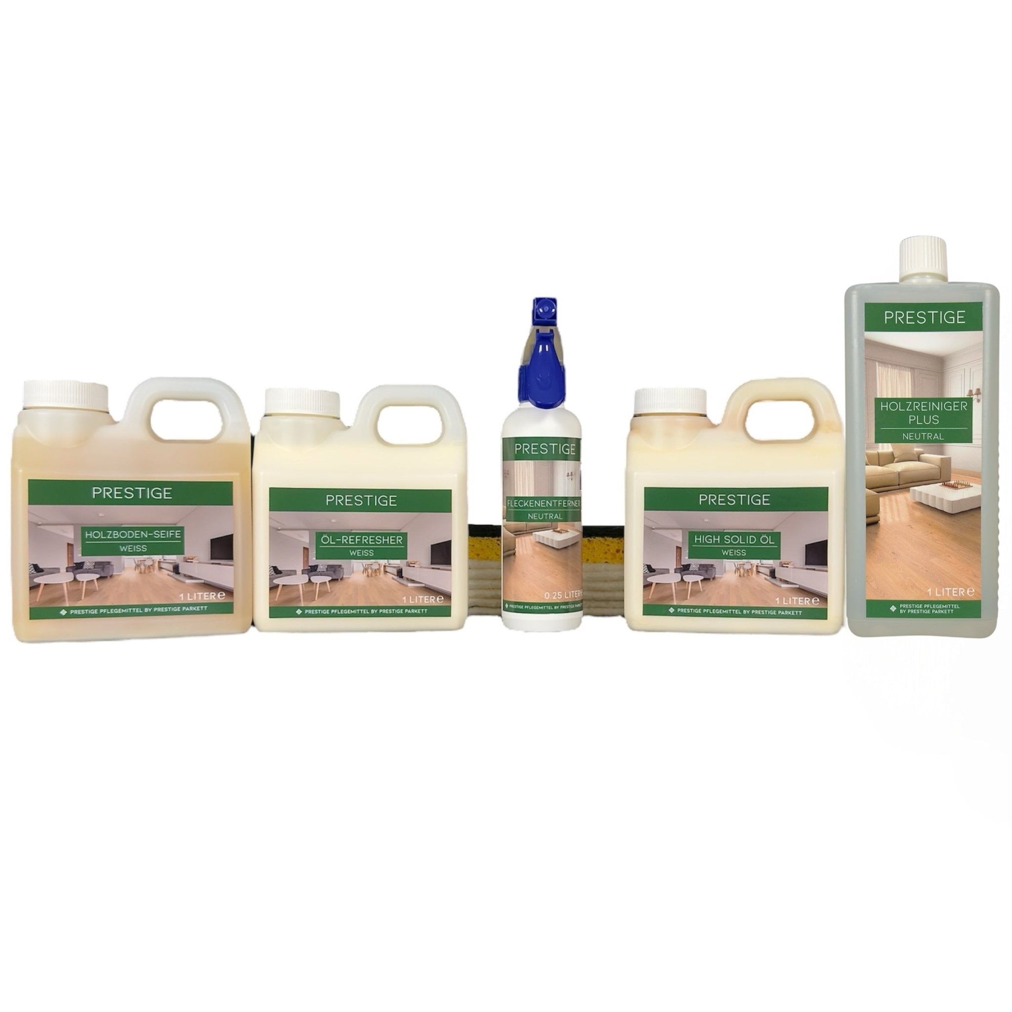 SET - Parkett Fleckenentferner | Holzbodenseife | Öl - Refresher | High Solid Öl | Holzreiniger Plus - Prestige Parkett