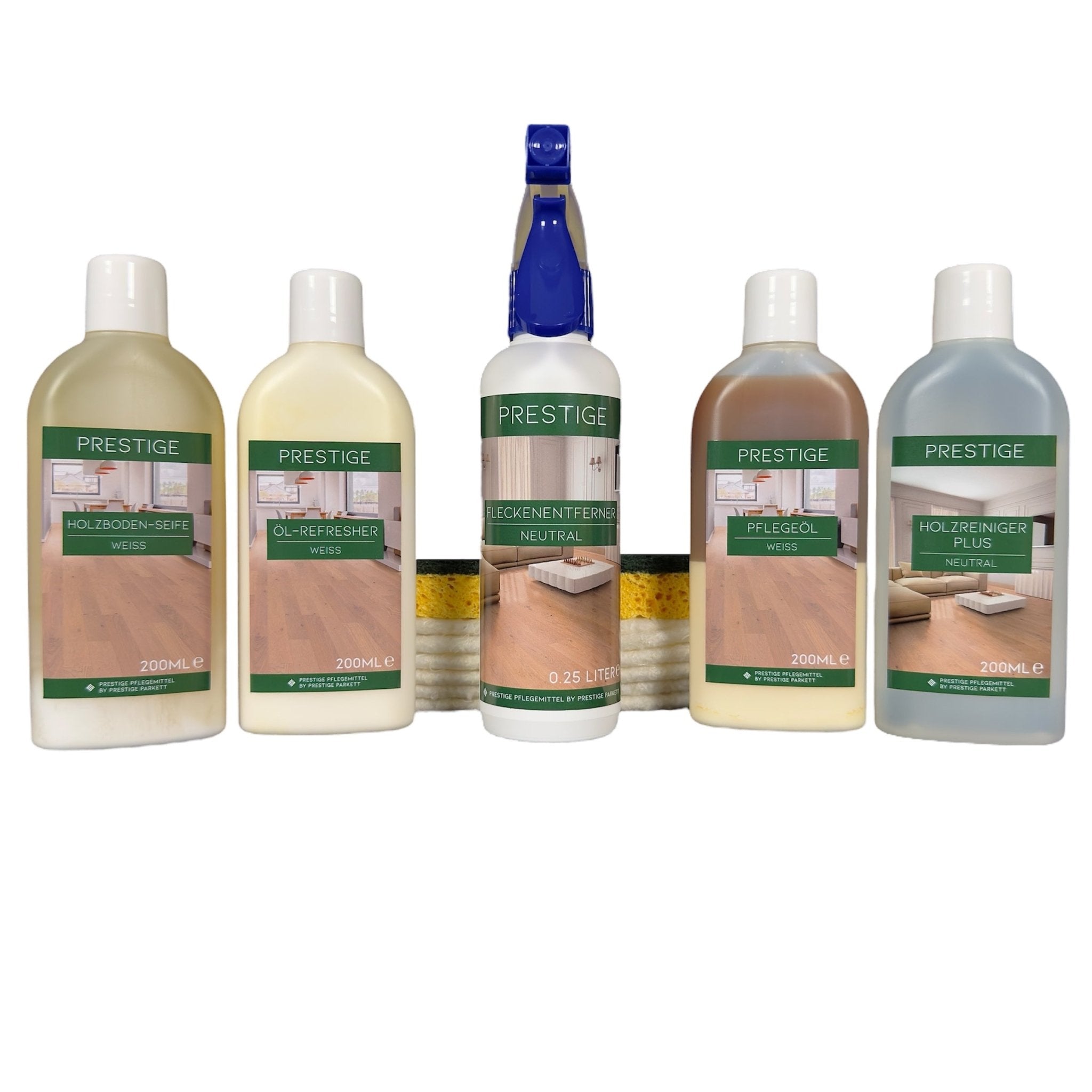 Set - Parkett Fleckenentferner | Holzbodenseife | Öl - Refresher | Pflegeöl | Holzreiniger Plus - Prestige Parkett