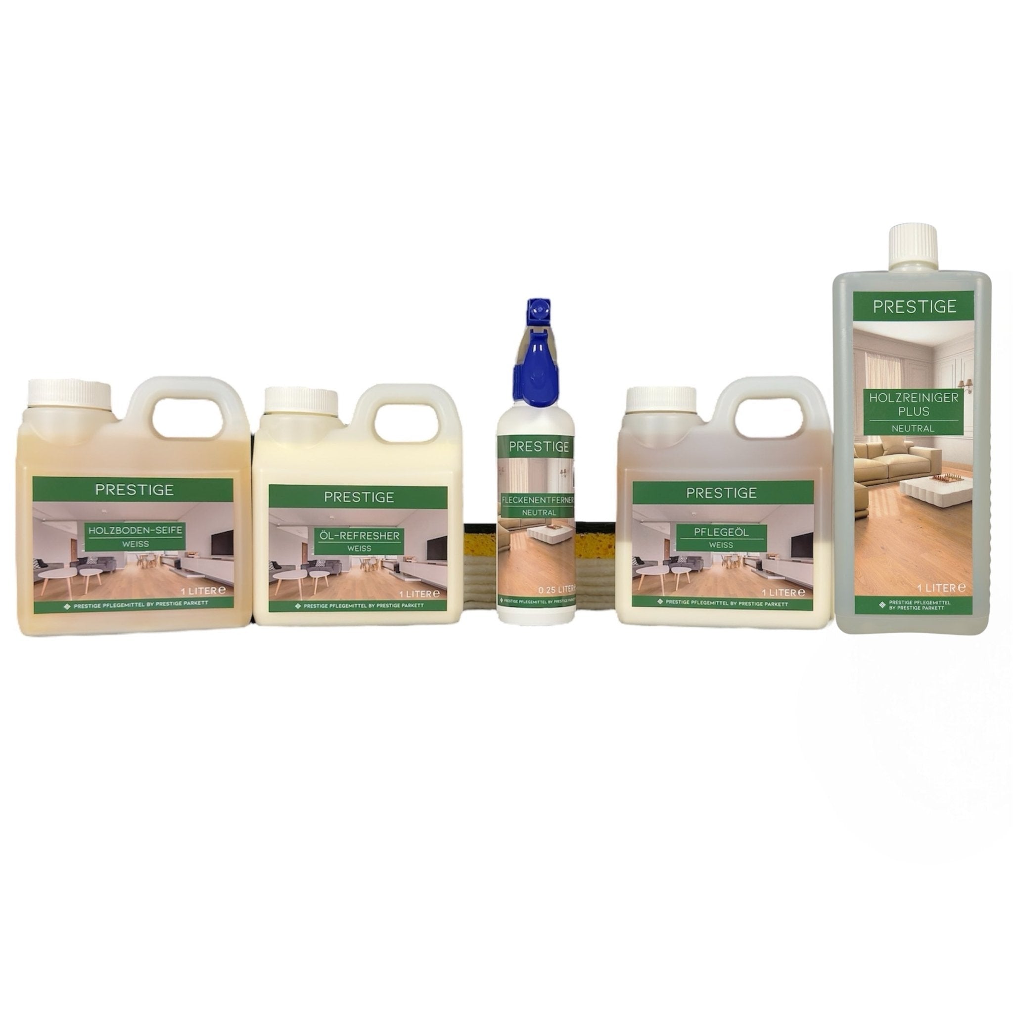 Set - Parkett Fleckenentferner | Holzbodenseife | Öl - Refresher | Pflegeöl | Holzreiniger Plus - Prestige Parkett