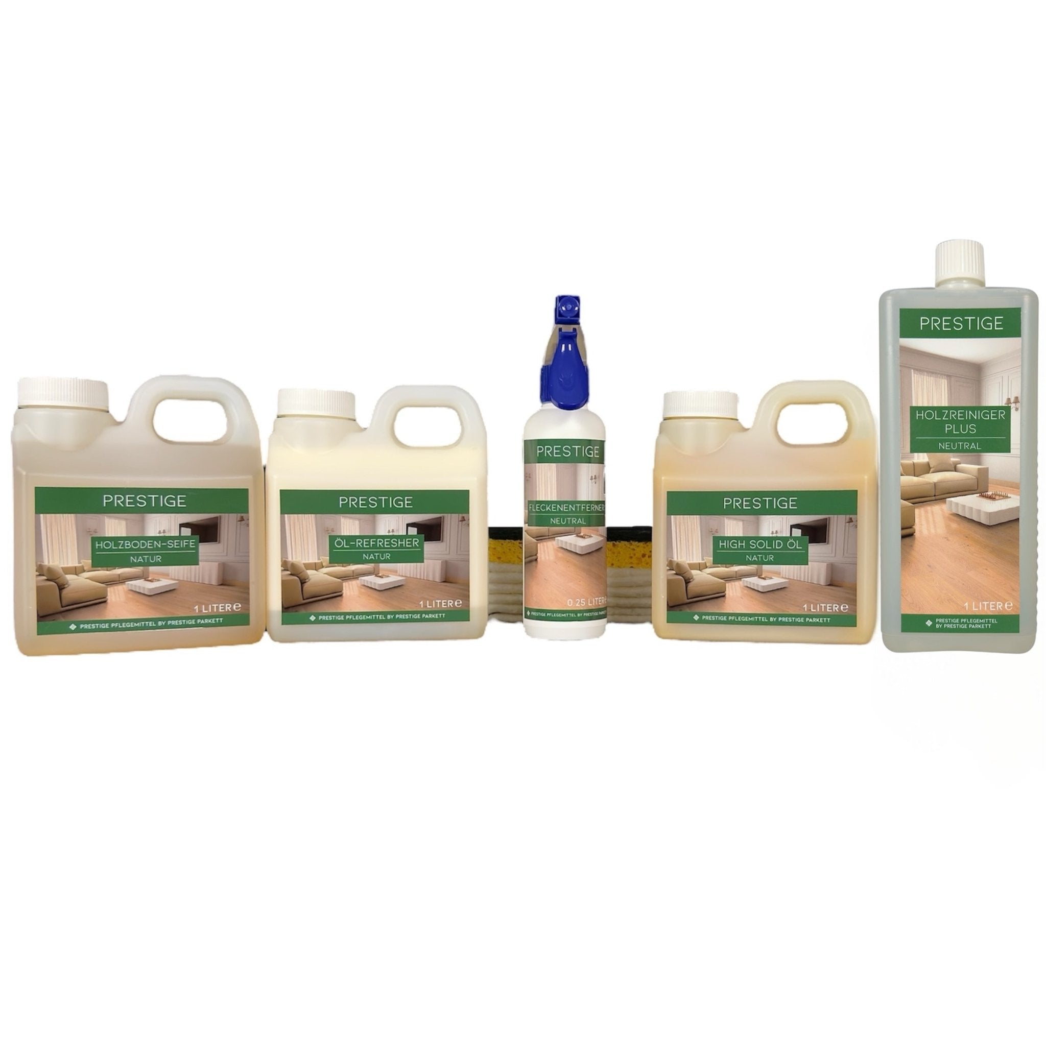 SET - Parkett Fleckenentferner | Holzbodenseife | Öl - Refresher | High Solid Öl | Holzreiniger Plus - Prestige Parkett