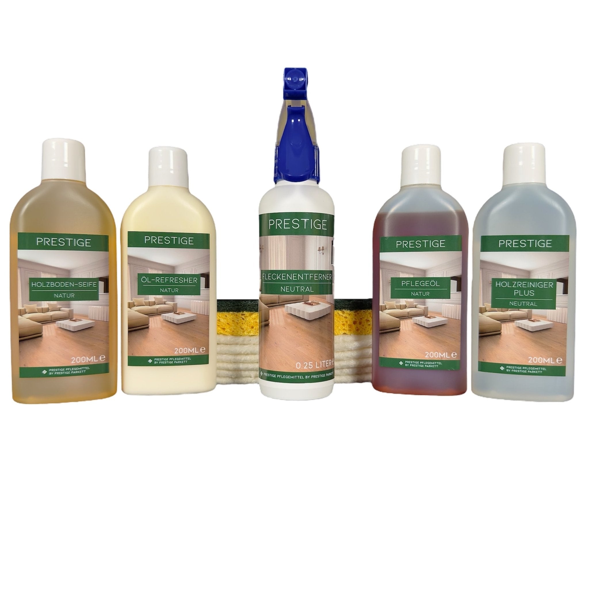 Set - Parkett Fleckenentferner | Holzbodenseife | Öl - Refresher | Pflegeöl | Holzreiniger Plus - Prestige Parkett