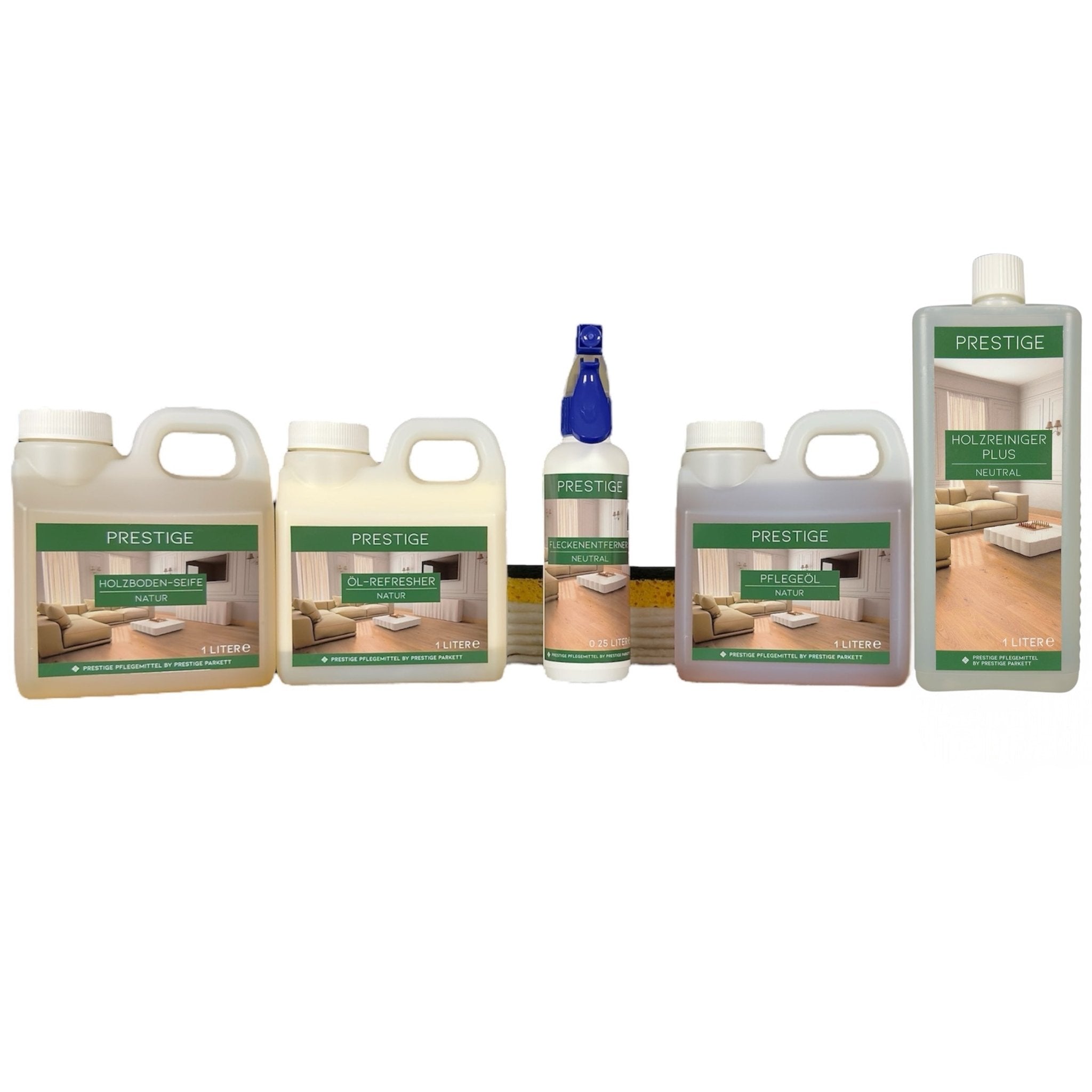 Set - Parkett Fleckenentferner | Holzbodenseife | Öl - Refresher | Pflegeöl | Holzreiniger Plus - Prestige Parkett